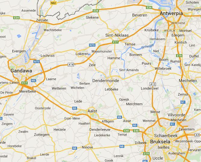 Belgijskie miasta na mapie Open Street Map, zaznaczone endonimami: Gent, Antwerpen, Bruxelles-Brussels (źródło: openstreetmap.org)